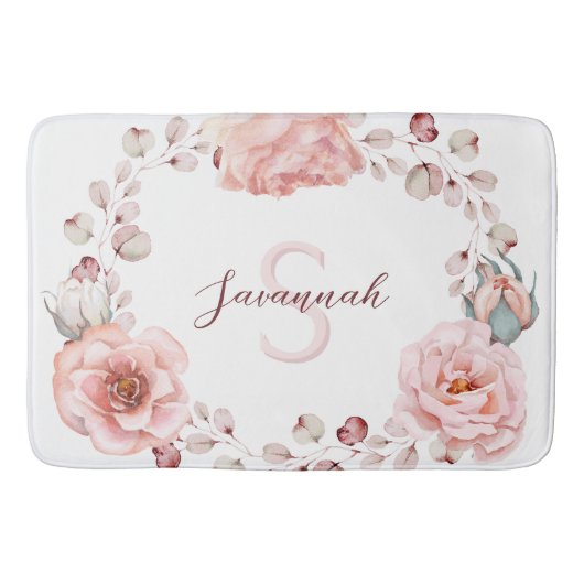 Rose Watercolor Personalisiert | Weiß Badematte (Vorderseite)