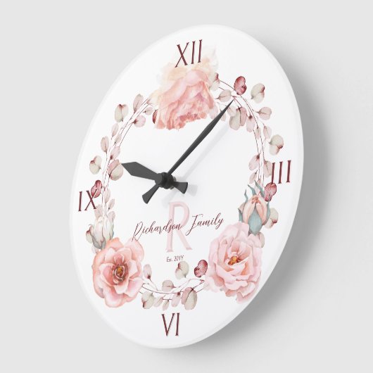 Rose Watercolor Personalisiert | Weiß Große Wanduhr (Winkel)