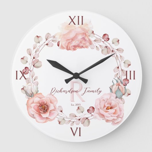 Rose Watercolor Personalisiert | Weiß Große Wanduhr (Vorderseite)