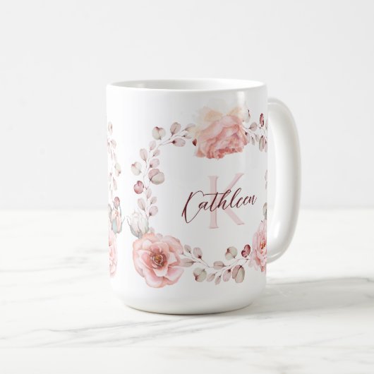 Rose Watercolor Personalisiert | Weiß Kaffeetasse (VorderseiteRechts)