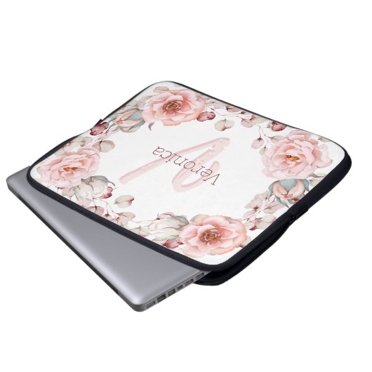 Rose Watercolor Personalisiert | Weiß Laptopschutzhülle (Vorne Knopf)