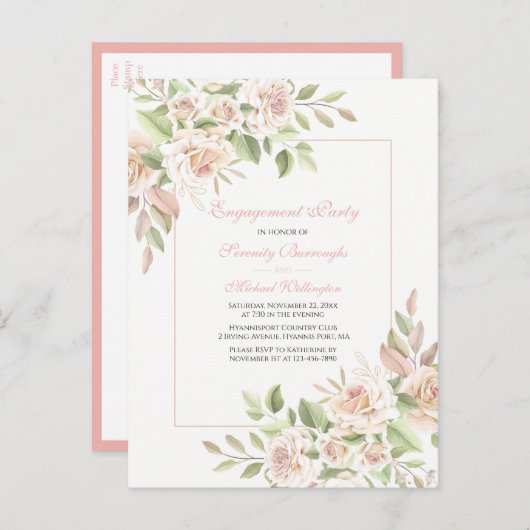 Rose Watercolor Pink Floral Engagement Party Einladungspostkarte (Vorne/Hinten)