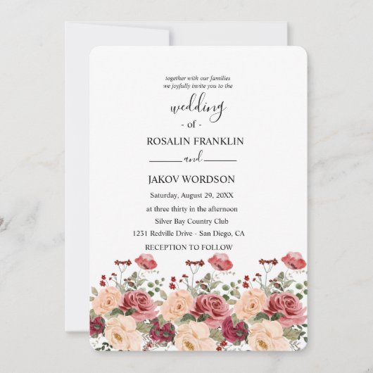 rose watercolor wedding Invitation Einladung (Vorderseite)