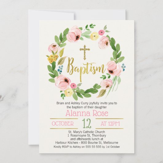 Rose Watercolor Wreath Taufe Einladung (Vorderseite)