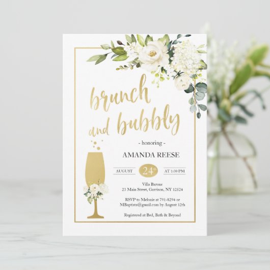 Rose Weißer Brunch & Bubbly Einladung (Stehend Vorderseite)