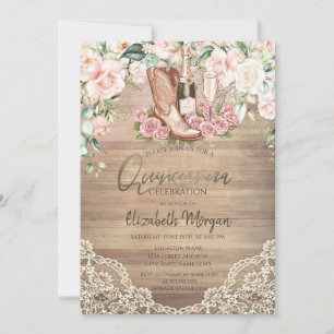 Rose Wine Boots Lace Quinceanera Einladung