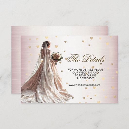Rose Winter Wedding Bride Golden Shiny Hearts Begleitkarte (Vorne/Hinten)