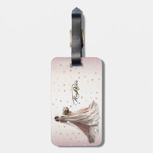 Rose Winter Wedding Bride Golden Shiny Hearts Gepäckanhänger (Rückseite vertikal)
