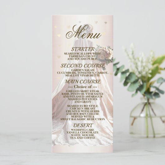 Rose Winter Wedding Bride Golden Shiny Hearts Menükarte (Stehend Vorderseite)
