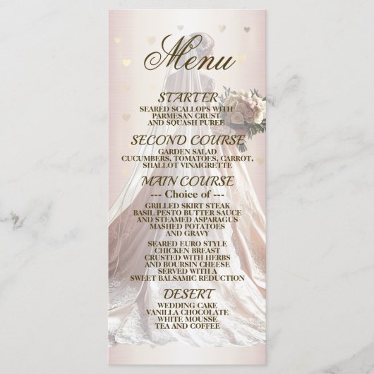 Rose Winter Wedding Bride Golden Shiny Hearts Menükarte (Vorderseite)