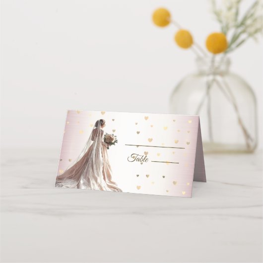 Rose Winter Wedding Bride Golden Shiny Hearts Platzkarte (Vorderseite)