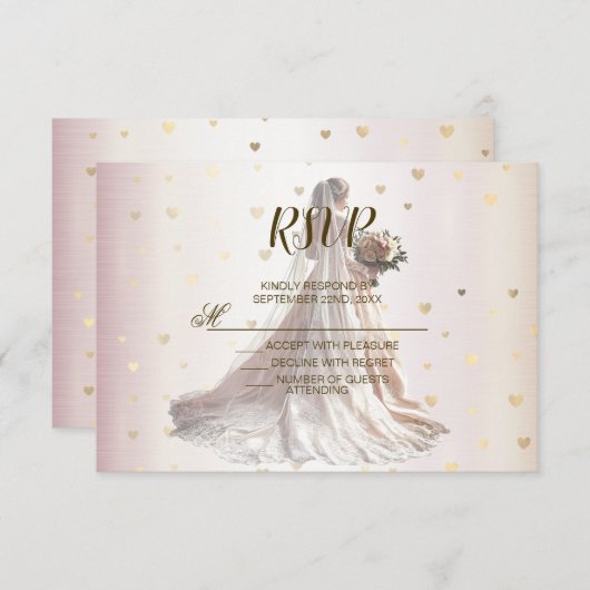 Rose Winter Wedding Bride Golden Shiny Hearts RSVP Karte (Vorne/Hinten)