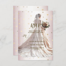 Rose Winter Wedding Bride Golden Shiny Hearts RSVP Karte
