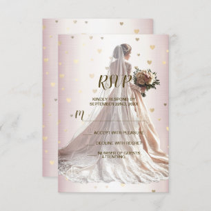 Rose Winter Wedding Bride Golden Shiny Hearts RSVP Karte