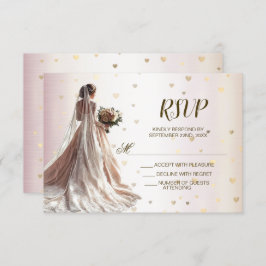 Rose Winter Wedding Bride Golden Shiny Hearts RSVP Karte
