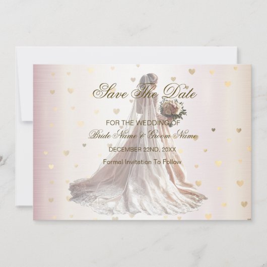 Rose Winter Wedding Bride Golden Shiny Hearts Save The Date (Vorderseite)