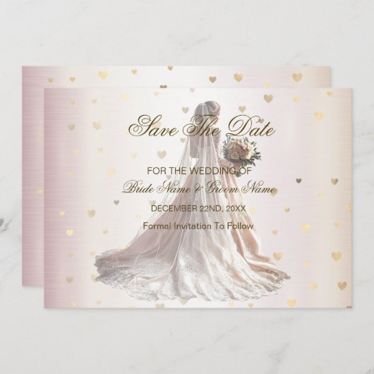 Rose Winter Wedding Bride Golden Shiny Hearts Save The Date (Vorne/Hinten)
