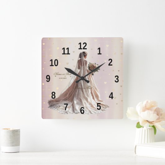Rose Winter Wedding Bride Golden Shiny Party Quadratische Wanduhr (Zuhause)