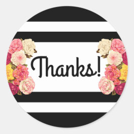 Rose zu modernen Schwarz-Weiß-Streifen Vielen Dank Runder Aufkleber