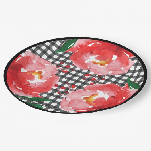 Rose zu Schwarz-Weiß-Gingham Pappteller (Schrägansicht)