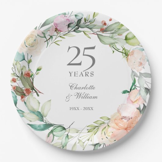 Rose zum 25. Silver Jubiläum Blumengrün Pappteller (Vorderseite)