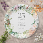 Rose zum 25. Silver Jubiläum Blumengrün Pappteller<br><div class="desc">Mit seiner zarten Aquarellgarage und seiner schicken botanischen 25. Hochzeitspapierplatte kann diese elegante,  silberne Jubiläumszeitung mit Ihrer besonderen Silber-Jubiläumsinformation in elegantem Silbertext personalisiert werden. Entwickelt von Thisisnotme©</div>