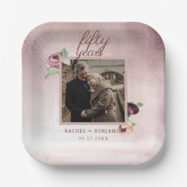 Rose zum 50. Jahrestag der Hochzeit Gold Floral Pappteller