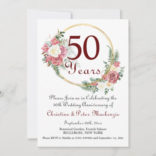 Rose zum 50. Jubiläum Gold Frame Einladung (Vorderseite)