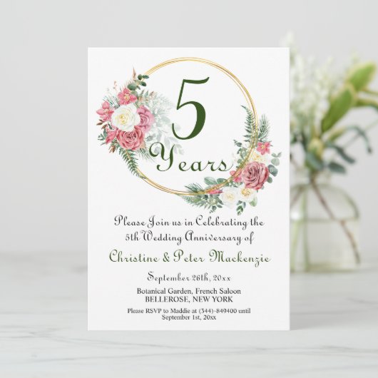 Rose zum 5. Jubiläum des Holzes Gold Frame Einladung (Stehend Vorderseite)