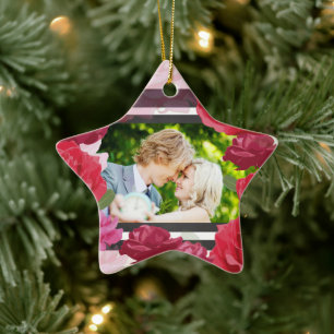 Rose zum Hochzeitstag, Streifen, kundenspezifische Keramik Ornament