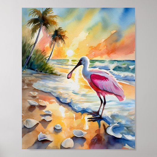 Roseate Spoonbill Florida Sunset Wasserfarbe Poster (Vorne)