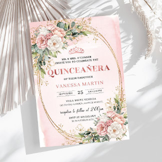 Roségold-Blumen-Eukalyptus-Quinceañera-Einladung Einladung