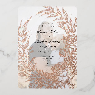 Roségold-Blumenkranz Smaragd Foto-Hochzeit Folieneinladung
