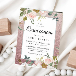 Roségold-Blush-Glitter-Blumen-Quinceanera Einladung