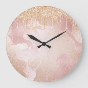 Rosegold Blush Marmor mit Gold Glitzer Droplets Große Wanduhr