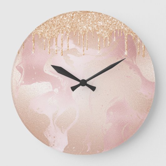 Rosegold Blush Marmor mit Gold Glitzer Droplets Große Wanduhr (Vorderseite)