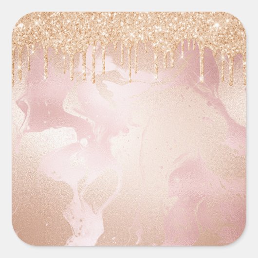 Rosegold Blush Marmor mit Gold Glitzer Droplets Quadratischer Aufkleber (Vorderseite)