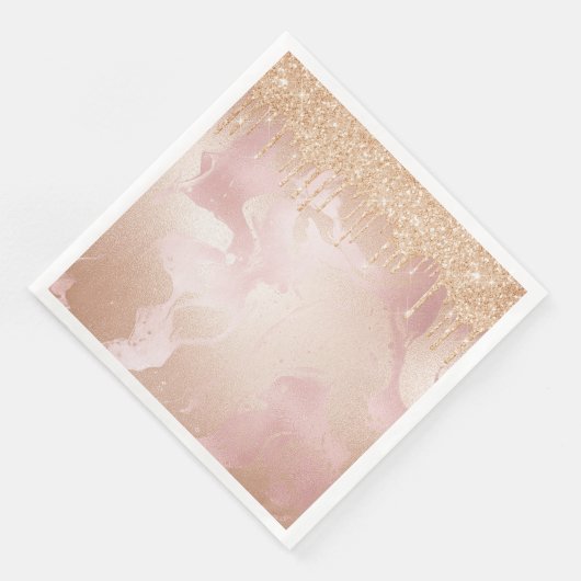Rosegold Blush Marmor mit Gold Glitzer Droplets Serviette (Ecke)