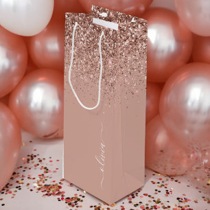 Roségold-Blush-Pink-Glitter-Initialen-Schriftzug W Geschenktüte Für Weinflaschen
