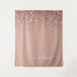 Roségold-Blush-Pink-Glitzer-Initialen-Schriftzug W Wandteppich