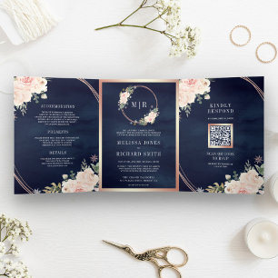Roségold Blush Rosa Floral QR Code Marineblau Hoch Dreifach Gefaltete Einladung