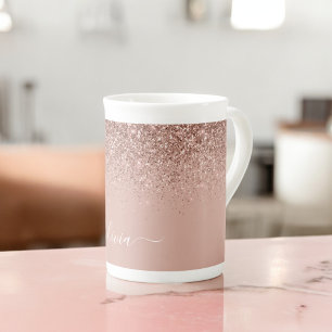 Roségold Blush Rosa Glitter Girly Monogramm Name Porzellantasse