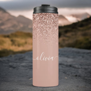 Roségold Blush Rosa Glitter Mädchen Monogramm Name Thermosbecher