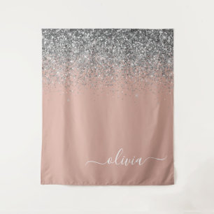Roségold Blush Rosa Silber Glitter Monogram Girly Wandteppich