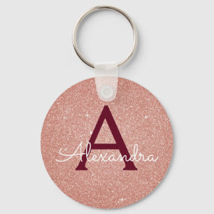 Roségold-Bordeaux-Glitter- und Glanz-Monogramm Schlüsselanhänger