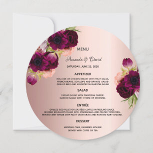 Roségold-burgunderrote Blumen Hochzeitsmenükarte Einladung