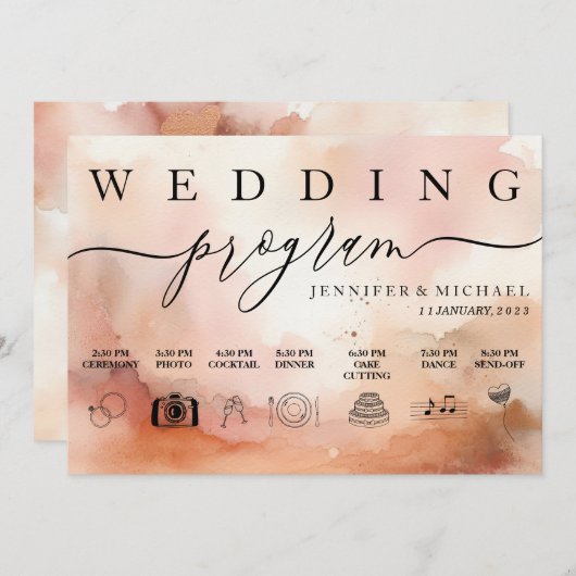 RoseGold Earthtone Watercolor Hochzeitssymbol Programm (Vorne/Hinten)