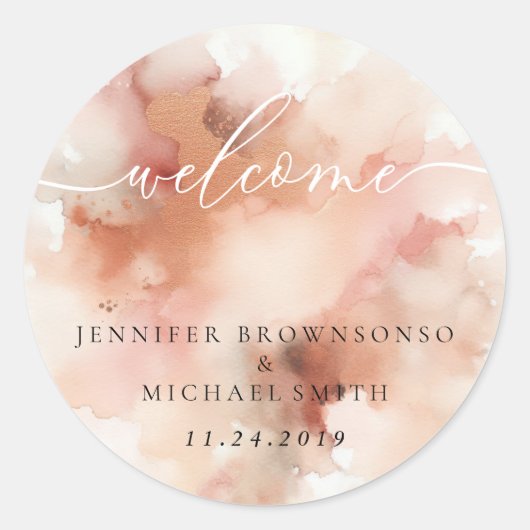 RoseGold Earthtone Watercolor Wedding Willkommen Runder Aufkleber (Vorderseite)