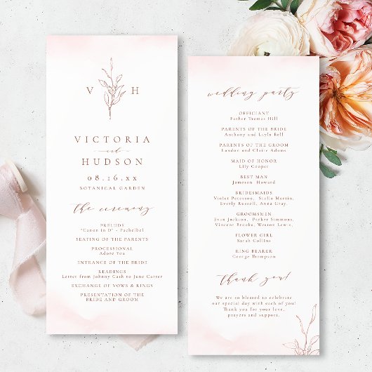 Roségold einfaches botanisches Monogramm Hochzeit Programm