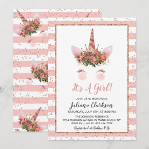 Roségold-Einhorn-Prinzessin-Baby-Party Einladung